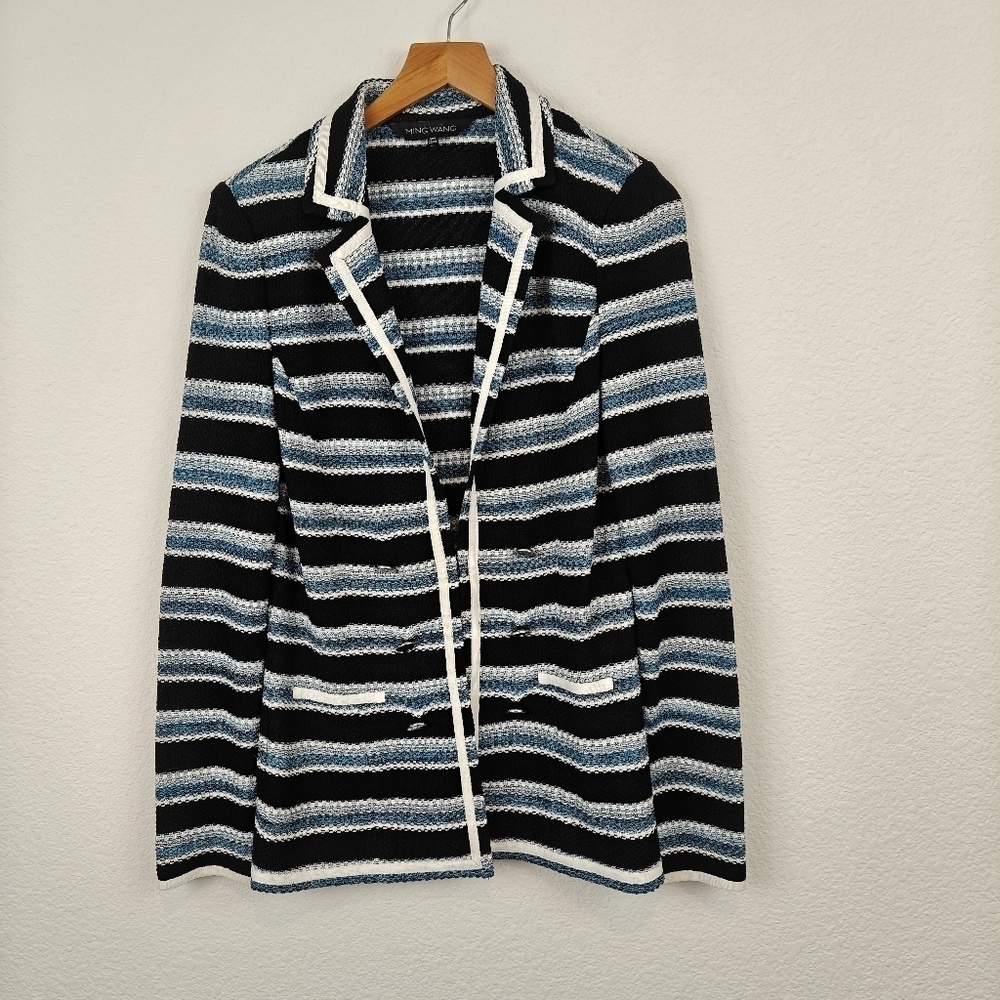 Ming Wang Striped Knit Blazer Jacket Padded Shoulders Size XS Women's